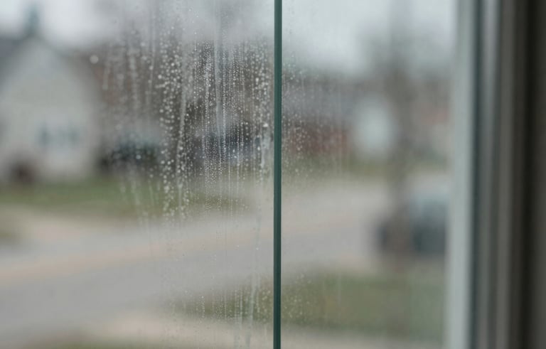 A split-view macro photograph of a glass window surface; one side shows hazy white mineral deposits and hard water stains, while the other side is restored to perfect transparency. North American suburban setting.