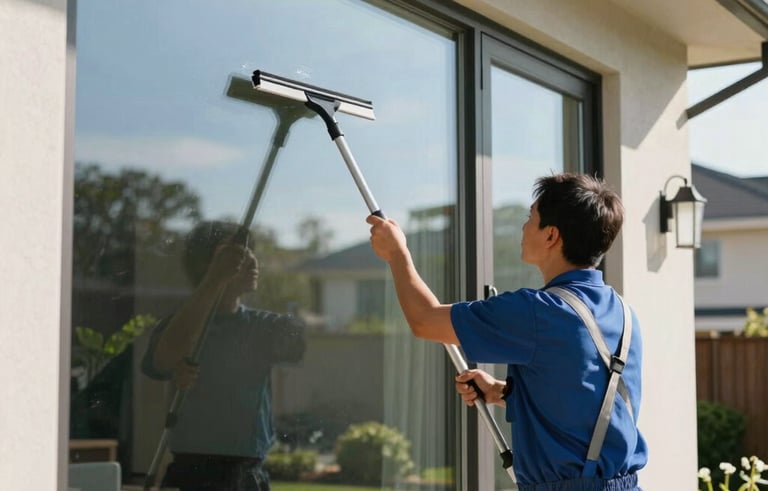 A professional window cleaner using a squeegee on a large residential window of a modern North American home. Bright morning sunlight, clear blue sky reflected in the glass, with a lush green garden in the background.