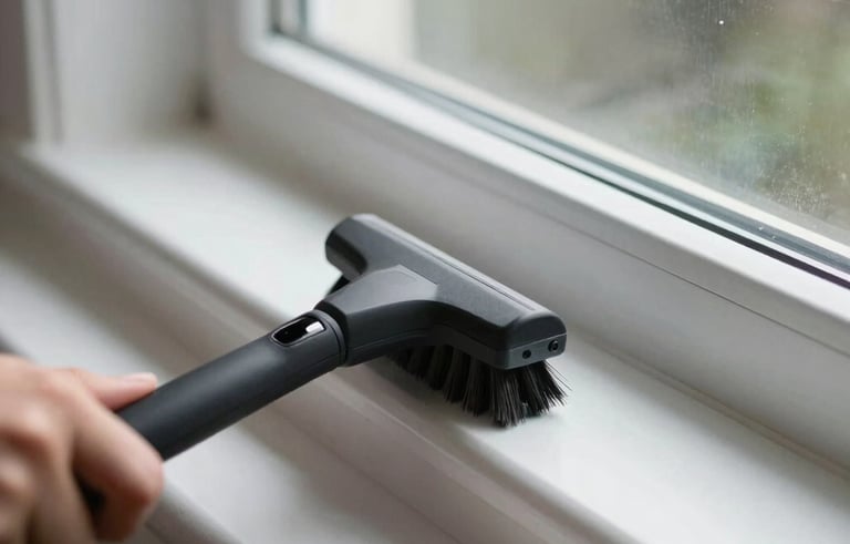 A close-up photograph of a clean, white window track being detailed with a professional brush and vacuum. Modern North American interior setting with soft, natural lighting coming through the window.