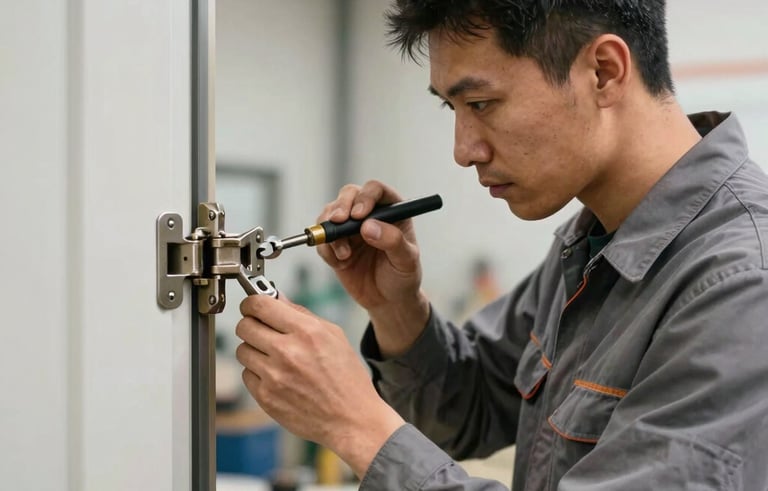 A professional technician in a steel gray uniform working on a heavy door hinge with specialized tools in a bright workshop, North American setting.