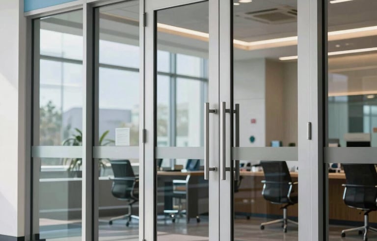 Sleek commercial double glass doors with industrial steel handles in a bright, modern North American corporate lobby with light blue and steel gray accents.