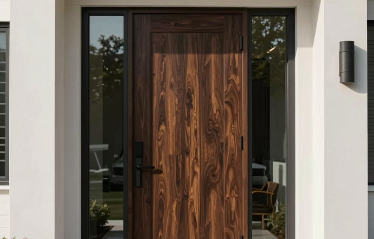 A high-end, contemporary residential front entry door made of rich dark wood and glass, set in a modern North American home with clean architectural lines and bright daylight.