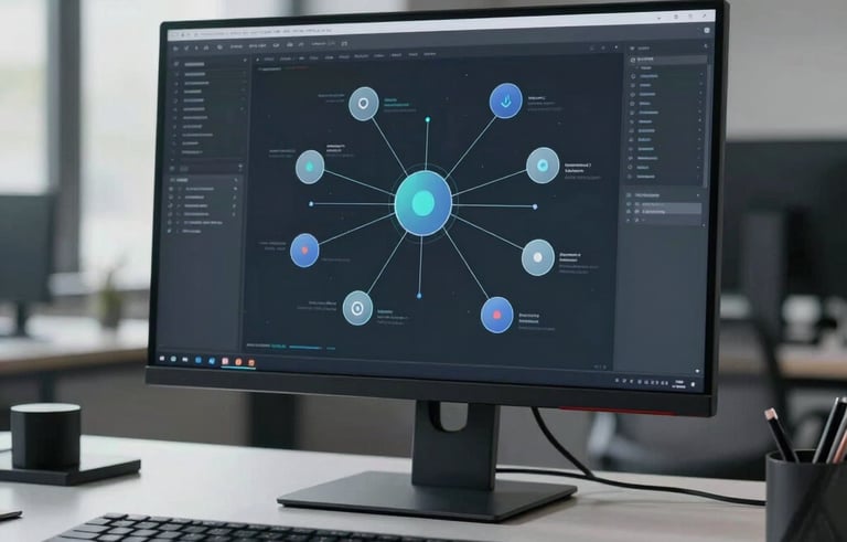 A futuristic but clean workspace with a monitor displaying an AI node network or automation workflow diagram, minimalist tech vibe, North American / US, cool slate tones.
