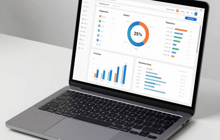 A modern laptop on a clean desk showing performance metrics and data dashboards, minimalist SaaS interface style, North American / US, professional slate gray and cool white colors.