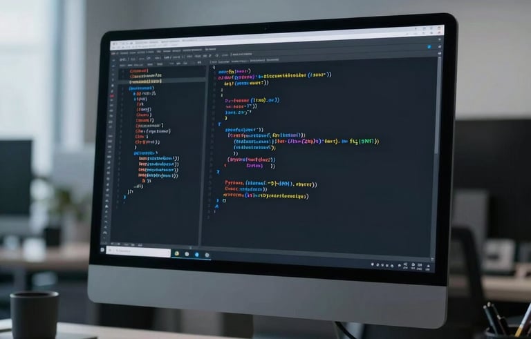 A sleek, minimalist computer screen displaying lines of Python code in a dark theme, modern office environment, North American / US setting, soft slate blue lighting, professional photography.