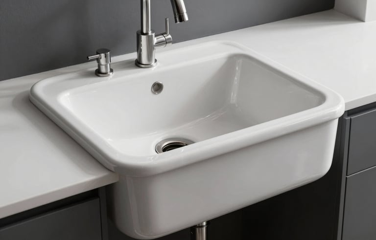 A detailed shot of a perfectly restored white ceramic kitchen sink in a Brooklyn loft. The surface is brilliant and smooth, with daylight reflecting off the curves. Industrial minimalist setting with dark grey accents and bright white surroundings.