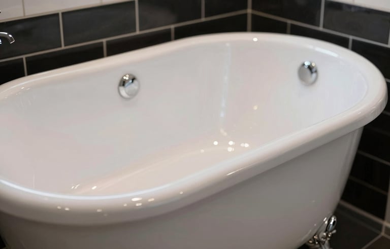 A close-up photograph of a gleaming, high-gloss white porcelain bathtub in a modern New York City bathroom with clean black and white tile accents. The lighting is bright and professional, emphasizing the flawless, smooth surface. Premium industrial aesthetic with soft reflections.