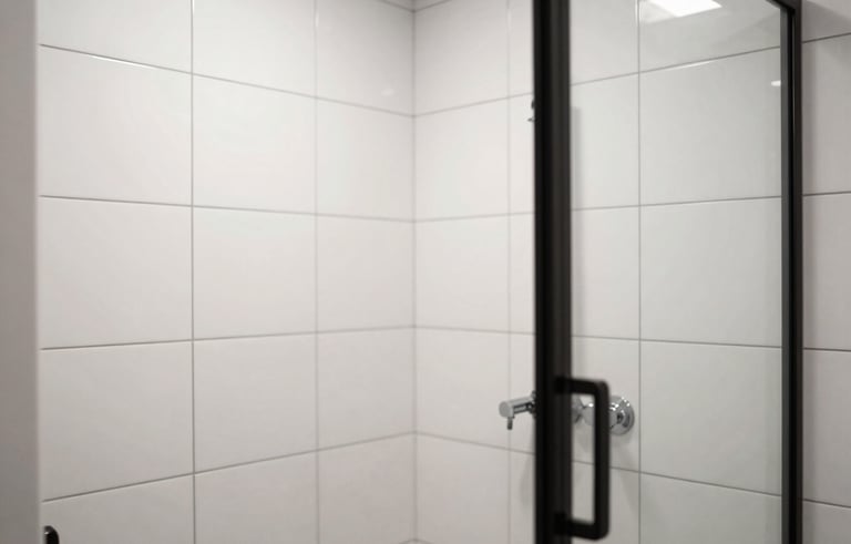 Professional photography of a bathroom shower stall with pristine, reglazed white wall tiles and black grout lines. A sleek, modern aesthetic in a Manhattan apartment. Clean, airy composition with high contrast between the white tiles and dark hardware.