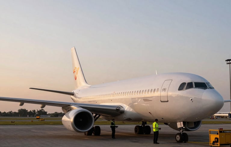 Un avión de carga estacionado en la pista de un aeropuerto internacional en Latinoamérica al atardecer, con personal de logística trabajando de forma coordinada.