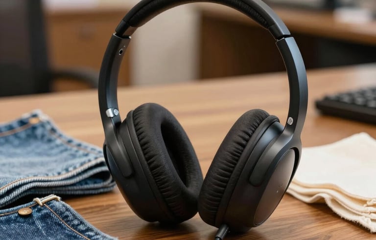 Close-up of a high-quality professional headset resting on a wooden desk next to samples of denim and cotton fabrics. A blurred Brazilian office background with warm lighting, emphasizing the bridge between technology and traditional textile manufacturing.
