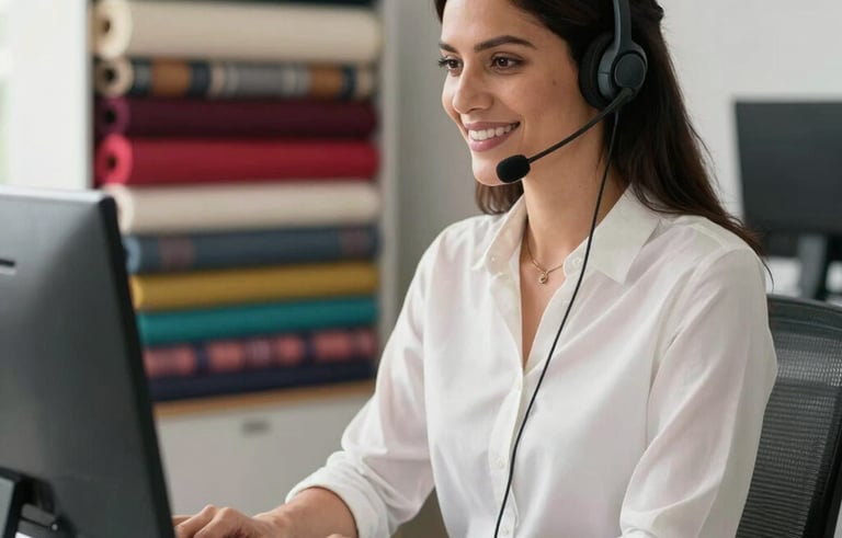 A professional South American woman wearing a modern headset, smiling warmly while working at a clean, organized desk in a bright office. In the background, blurred rolls of colorful textile fabrics are visible on a shelf, conveying a specialized customer service environment for the garment industry. Natural soft morning light.