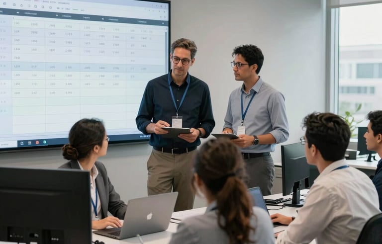 A group of professional customer success managers in a sleek, modern office in Brazil, collaborating in front of large screens showing logistics and textile production schedules. The atmosphere is professional, efficient, and technologically advanced, with a gray and white color palette.