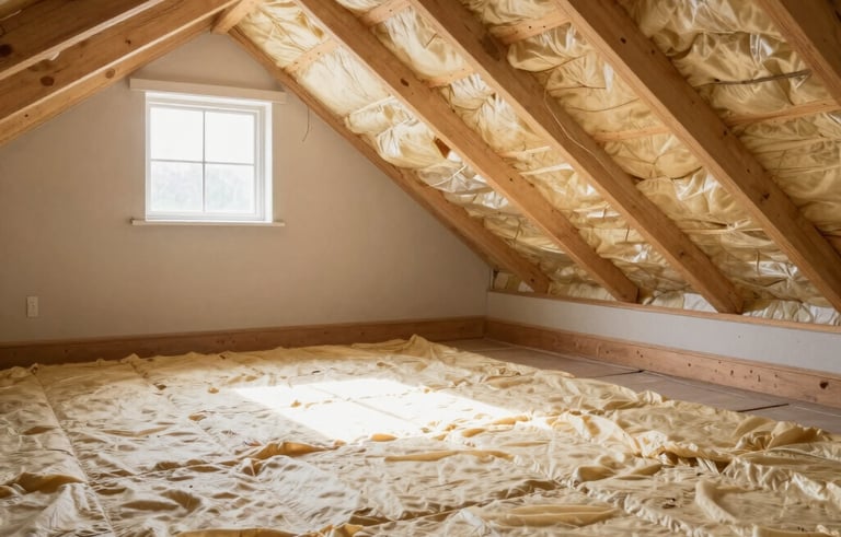 Wide shot of a clean, bright, and well-organized Hispanic home attic with new insulation perfectly installed. Natural light coming from a small window, professional and airy.