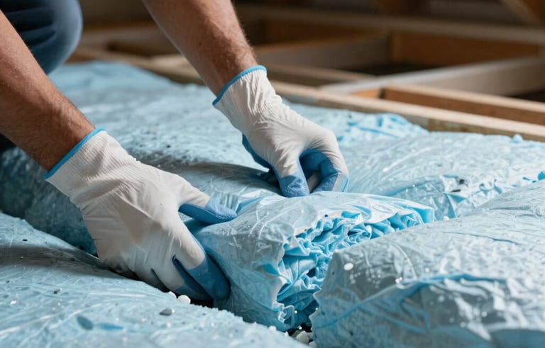 Close-up of Hispanic hands in protective gloves installing thick, pale blue insulation bats in an attic space. Sharp focus, professional photography style.