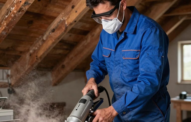 A professional Hispanic technician in a blue uniform and safety mask using an industrial vacuum to clean a dusty wooden attic. Professional lighting, focused composition.