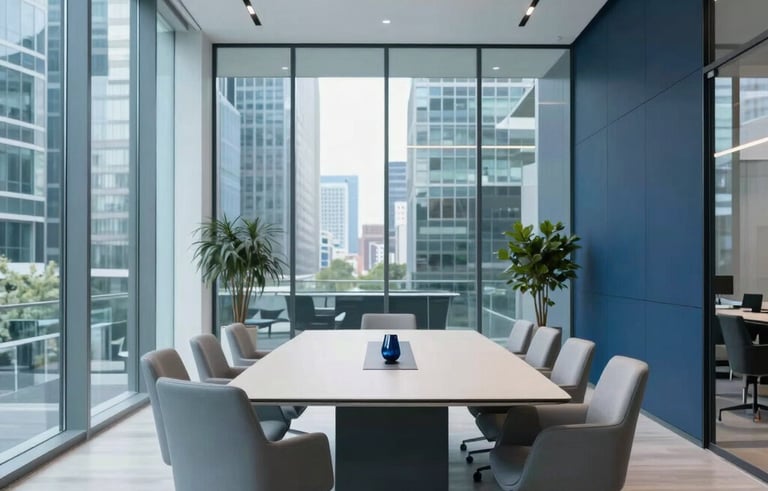 A modern, sophisticated meeting room in a Western European / French financial district. Clear glass walls, high-end minimalist furniture, and a bright atmosphere. The color palette emphasizes light blue and navy tones to project professional clarity.