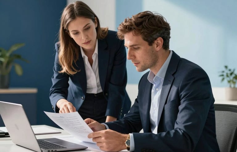 Professional Western European / French office environment with soft morning light. A professional consultant and an entrepreneur sit at a clean desk, reviewing financial documents and a laptop. The room is decorated with navy blue and sky blue accents, conveying trustworthiness and expertise.
