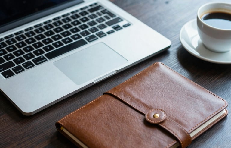 Close-up photography of a professional workplace in Western European / French style. A silver laptop, a leather-bound notebook, and a cup of coffee sit on a dark wood desk. The lighting uses navy and sky blue tones to create a sense of focused expertise.