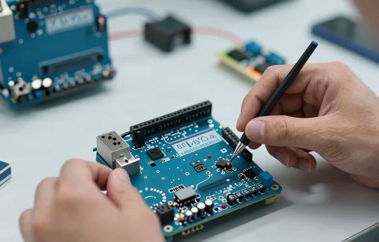 Close-up of hands working with an Arduino board and electronic sensors in a professional tech laboratory in Argentina. The lighting is crisp and modern, highlighting the sophisticated educational equipment and premium teaching environment.