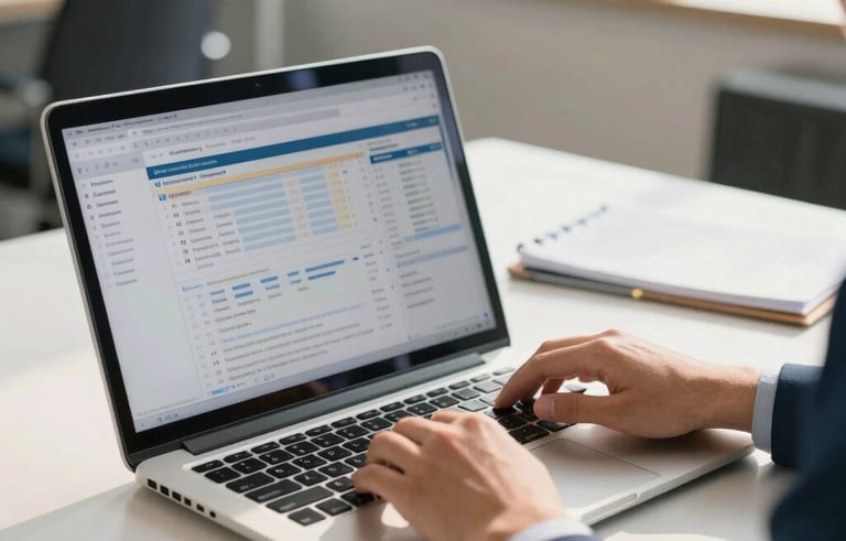 A professional accountant working in a clean, modern South American office environment with soft morning light. The person is using a sleek laptop with financial software open, emphasizing a premium corporate atmosphere. Color palette includes steel blue and soft gold accents.