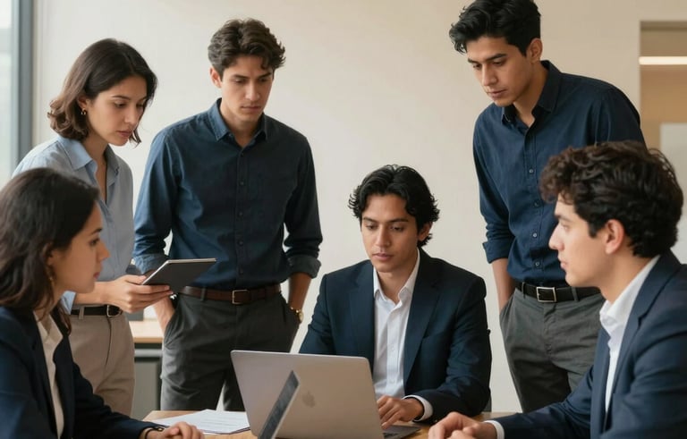 A group of young South American professionals in a bright, minimalist collaborative space discussing a digital marketing strategy. The scene reflects authority and modern education with soft gold and dark blue tones in the background.