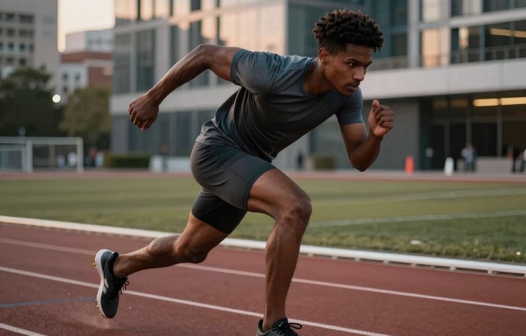 Action shot of a male track athlete practicing explosive speed drills on an outdoor urban track at dawn. Modern architectural background, North American location, premium athletic look with charcoal tones.