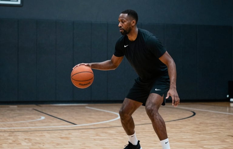 Professional male basketball coach in a minimalist modern indoor court, teaching advanced dribbling drills. Cinematic lighting, North American context, clean and premium atmosphere with deep blue and charcoal accents.