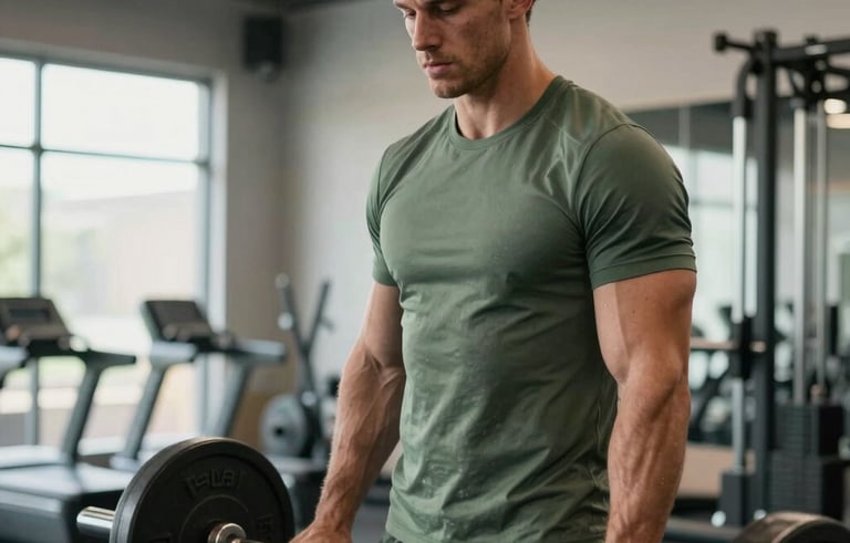 High-end fitness photography of a male athlete focused on strength training in a modern, industrial-style gym. Soft natural light, North American setting, professional and muted green color palette.