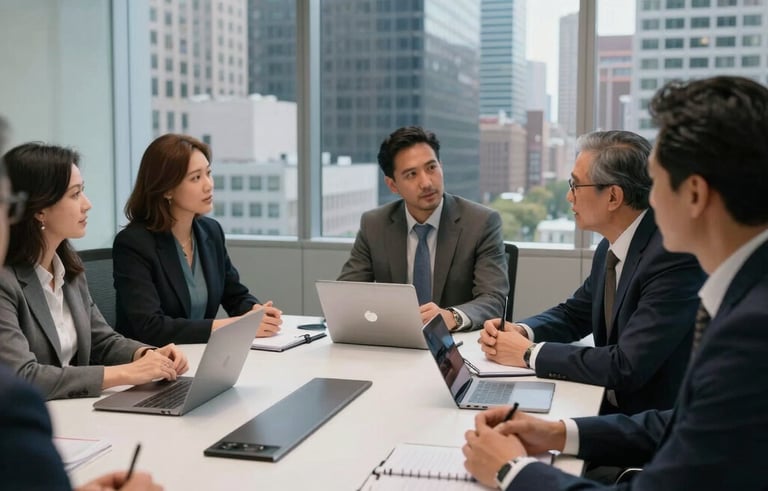 A collaborative strategic meeting in a glass-walled conference room overlooking a bustling North American financial district. A sleek white table holds professional notebooks and modern tech, conveying innovative business acumen.