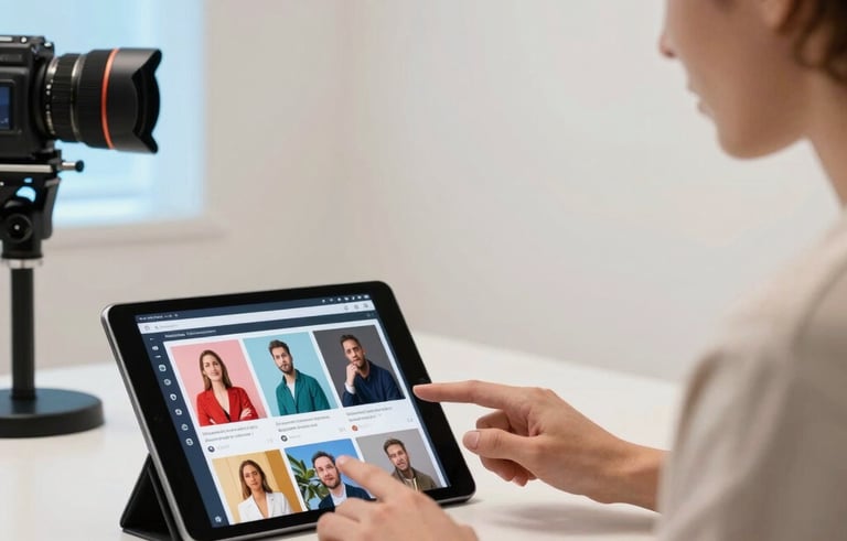 A professional video producer in a bright, modern US creative studio reviewing high-conversion digital ad footage on a sleek tablet. The background is a clean, professional off-white space with soft blue backlighting.