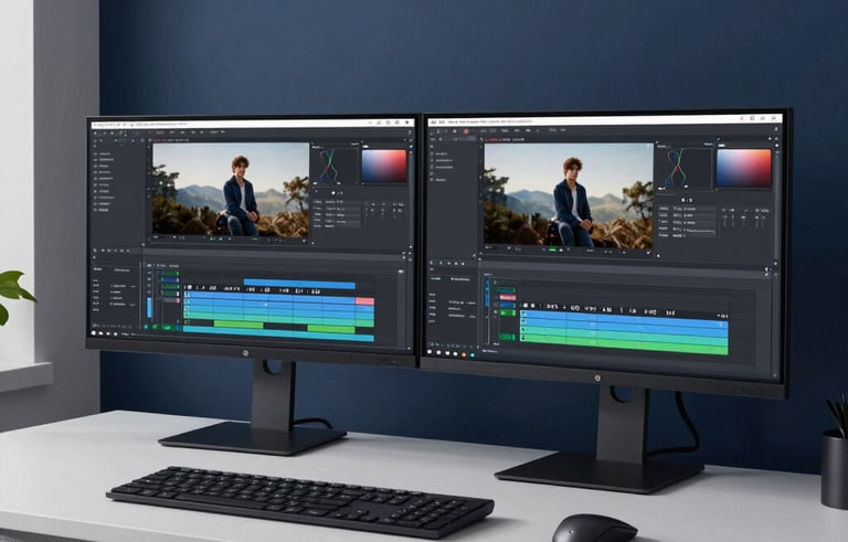A high-end, minimalist workstation in a North American home office featuring dual monitors displaying professional AI-driven video editing timelines. The room has sophisticated deep navy blue accents and clean, innovative lighting.