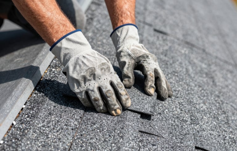 A close-up photograph of a professional roofer's hands in the United States, wearing protective gloves, repairing an asphalt shingle roof. The lighting is bright and clear daylight, emphasizing the clean texture of the grey materials and the precision of the work.