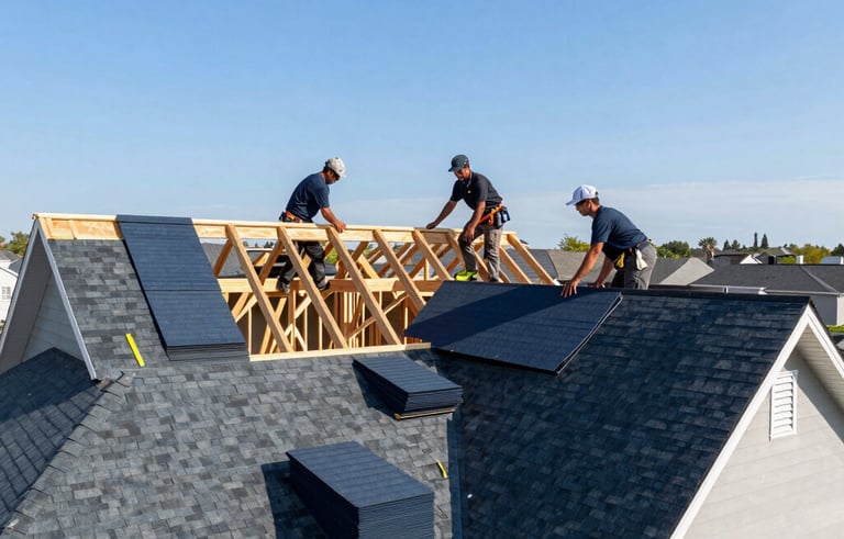 A wide-angle photography shot of a suburban North American house undergoing a full roof replacement. Experienced contractors are seen working on the roof structure under a blue sky, with stacks of dark blue shingles ready for installation.