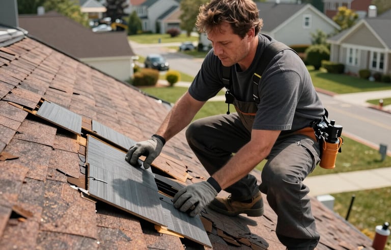 A professional roofing expert in North American work gear inspecting storm damage on a residential roof. The scene shows high-quality camera work focusing on the details of wind-damaged shingles against a backdrop of a local Jackson Township neighborhood.