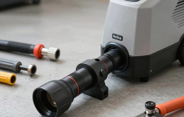 Close-up photography of professional plumbing equipment, including a modern hydro-jetting machine and tools, on a clean light gray floor in a North American setting. High-quality, sharp focus.