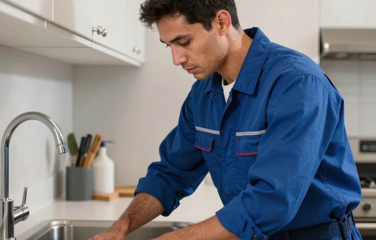 A professional North American plumber in a neat deep blue uniform working efficiently under a modern kitchen sink in an Orlando home. Bright, clean indoor lighting with light gray and off-white surroundings.