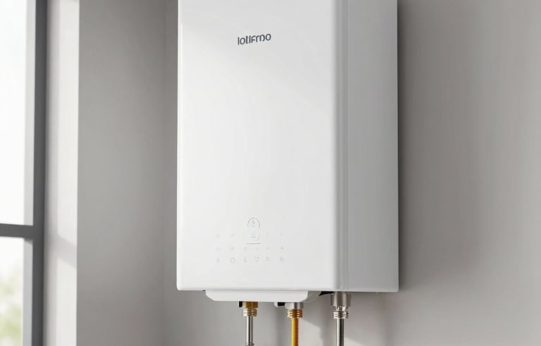 A high-efficiency tankless water heater mounted on a wall in a clean, modern North American utility room. Bright and professional lighting emphasizing a quality installation.