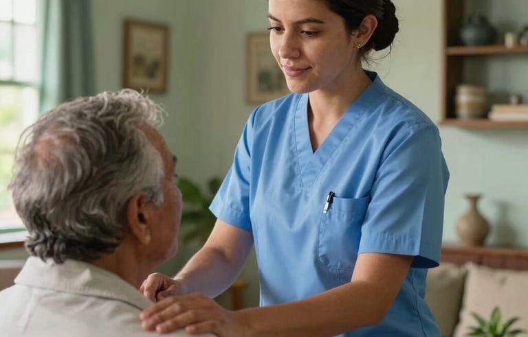 A professional nurse in a clean uniform providing care to an elderly patient in a warm, domestic South American home environment in Bucaramanga, Colombia. Natural soft lighting, high-quality photography, with soft blue and green accents in the decor.