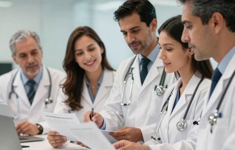 A group of healthcare managers in a modern, bright office in Colombia, reviewing documents with a warm and professional expression. The setting is professional and clean with soft blue tones.