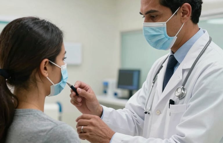A doctor in a white coat performing an occupational health check-up on a worker in a bright, modern South American medical facility. Professional and trustworthy atmosphere.