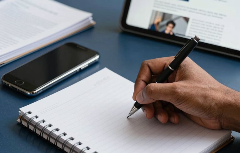 A desk with a notebook, a smartphone, and a tablet displaying a blog about SEO strategies. A South Asian &amp;amp;#x2F; Pakistani hand is seen taking notes. The aesthetic is professional and academic, featuring shades of Navy and Mid Blue with soft lighting.