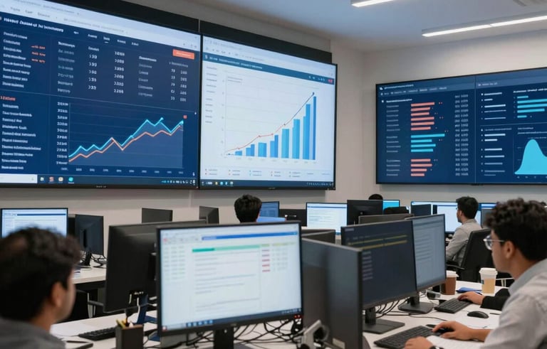 A modern digital marketing agency interior in a Pakistani city. Large screens show social media analytics and growth charts. The scene is bright and professional, highlighting a tech-forward atmosphere with Mid Blue and Dark Blue accents.