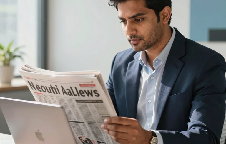A focused South Asian &amp;amp;#x2F; Pakistani professional in a modern office, reviewing current newspaper job listings on a high-end laptop screen. The environment is clean and brightly lit with natural sunlight, featuring a professional and trustworthy atmosphere with hints of Navy and Light Blue-Grey in the decor.