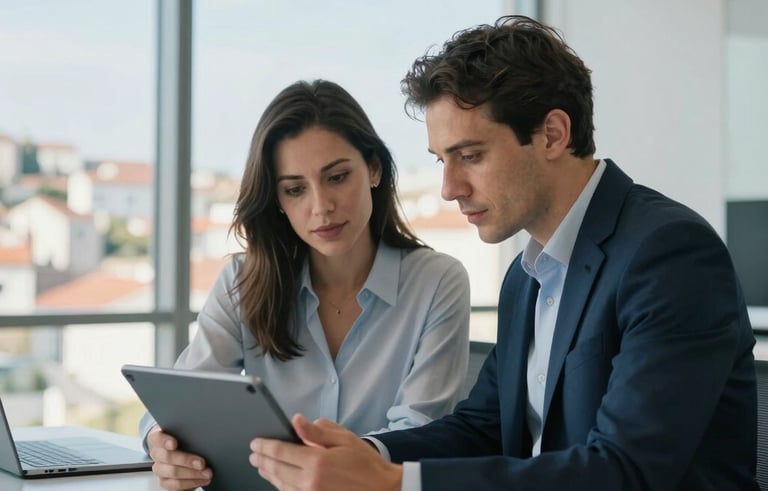 A professional mentoring session between two individuals in a sleek, modern office overlooking a Portuguese city. They are focused on a tablet, showing a trustworthy and growth-oriented atmosphere. Bright, airy composition with pale blue and dark blue palette details.