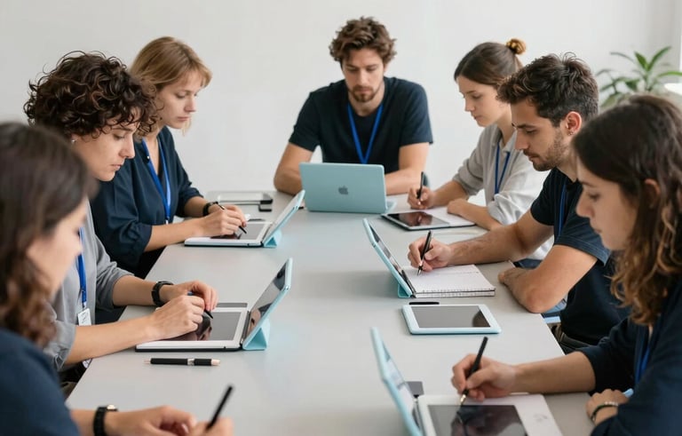 Professional photography of an adult learning workshop in a bright, modern Lisbon studio. European participants are collaborating around a large table with notebooks and pale blue digital tablets. The atmosphere is focused and accessible, featuring light grey and deep blue accents under natural soft lighting.