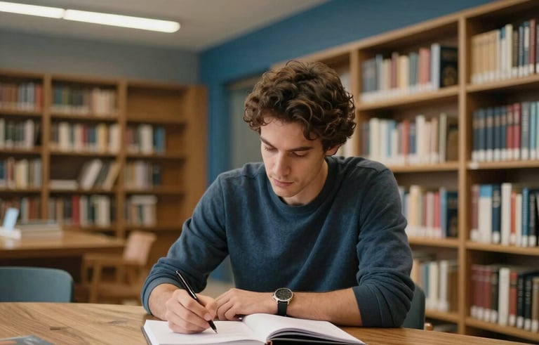 A professional adult student taking notes in a sophisticated, contemporary library in Porto, Portugal. European setting, soft overhead lighting, warm wood textures, and steel blue accents, highlighting a reliable and academic atmosphere.