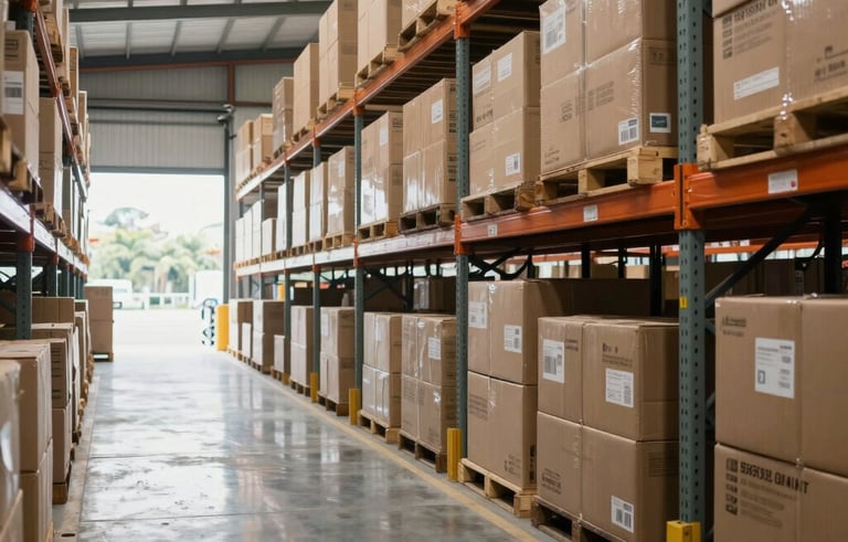 A wide-angle professional photograph of a clean, organized logistics warehouse in Brazil. Bright, natural lighting reflects off the polished floors, showing the scale and efficiency of a high-end transport company. Reassuring and calm style.