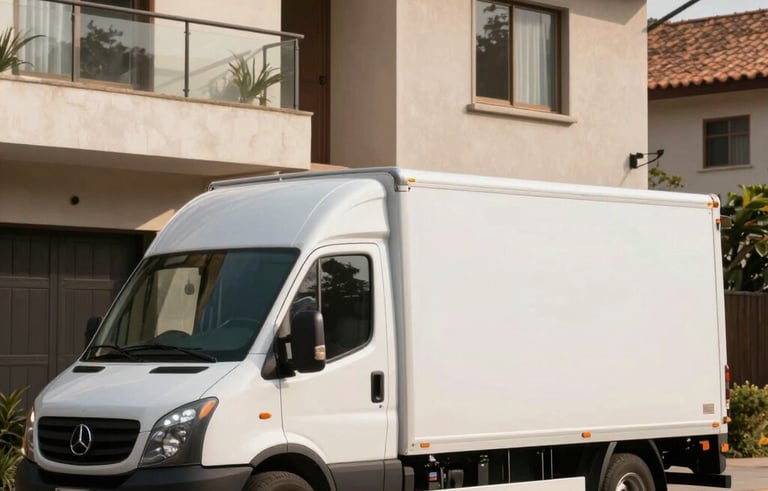 A clean, white modern moving truck parked in front of a contemporary South American residential building. The scene is bathed in warm, soft sunlight, conveying a sense of organized and calm transition. Professional and trustworthy atmosphere.