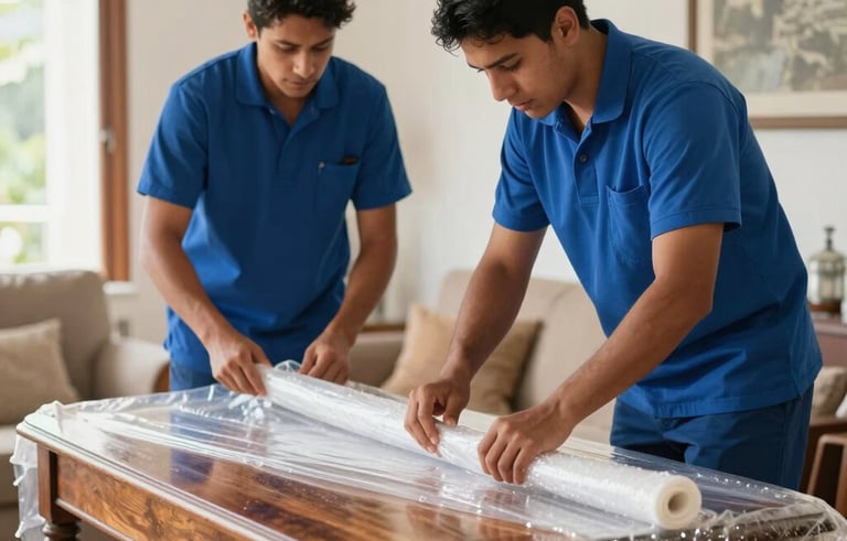 Movers in tidy blue uniforms carefully wrapping a wooden antique table in protective bubble wrap inside a bright South American living room. The focus is on the precision and care of their hands. Professional and clean aesthetic.