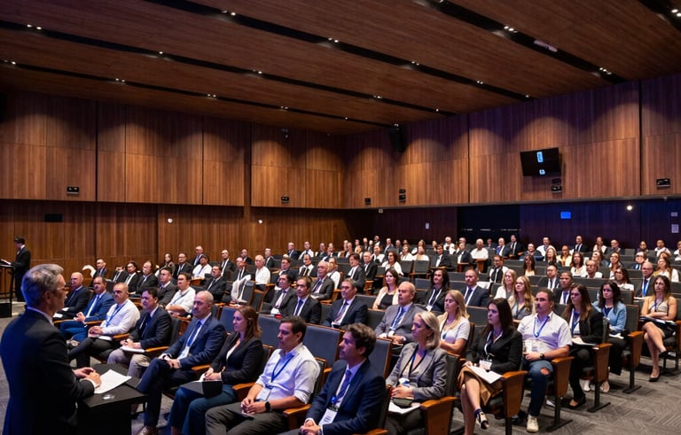 A wide-angle professional photograph of a large, modern auditorium in a Brazilian convention center. The room is filled with an attentive audience listening to a speaker. The lighting is sophisticated, combining warm brown and dark blue tones, reflecting a highly organized and professional corporate atmosphere.